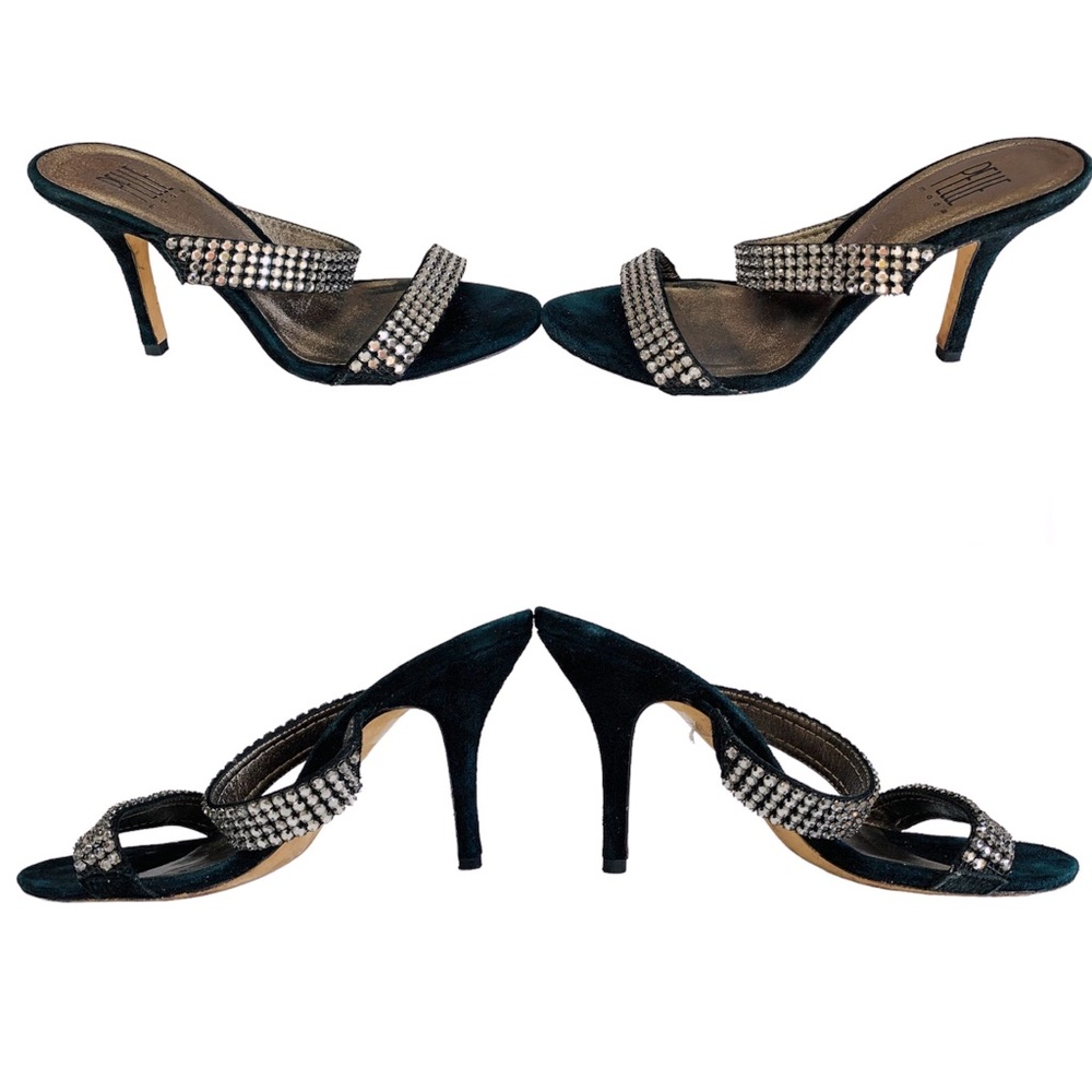 Black Suede Dressy Formal Sexy High Heel Leather Sandals Rhinestone Size 7.5 EUC - Picture 3 of 6